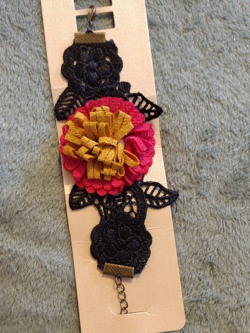 3/$15 - Black Lace Bracelet with Pink and Mustard Flower Accent